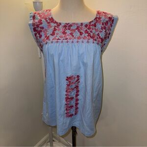 J.Marie Women’s S Raelyn Blue Pink Floral Linen Blouse Top Shirt